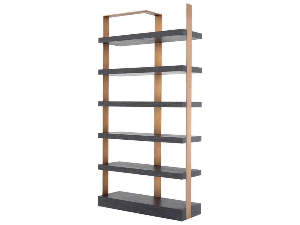 Geo Contemporary 6-Shelf Bookcase in Brushed Brass and Charcoal Oak