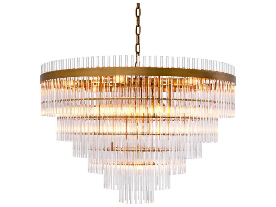 East Single 16-Light Chandelier in Antique Brass with Clear Glass Rods