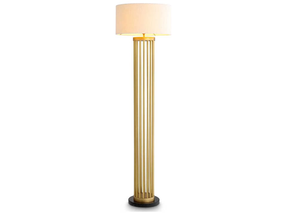 Condo Floor Lamp Antique Brass with Black Marble Base and Bouclé Shade
