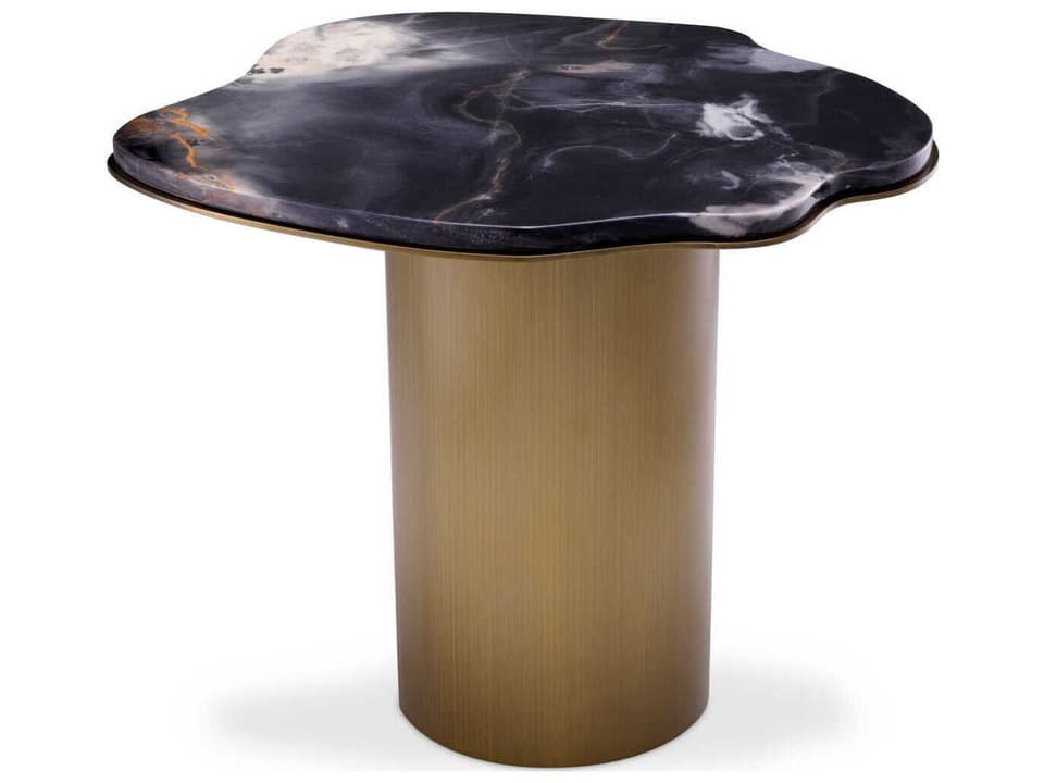 Forma Grey Marble and Brushed Brass End Side Table with Oak Veneer Tray
