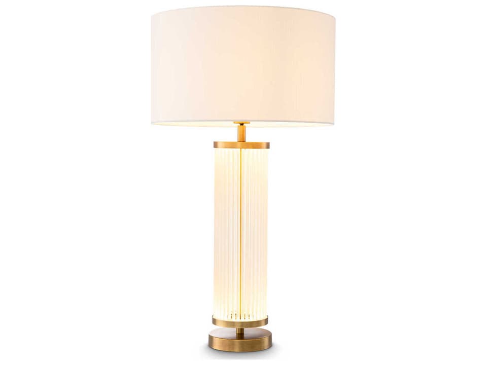 Thibaud Table Lamp With White Shade in Antique Brass and Frosted Glass Rods