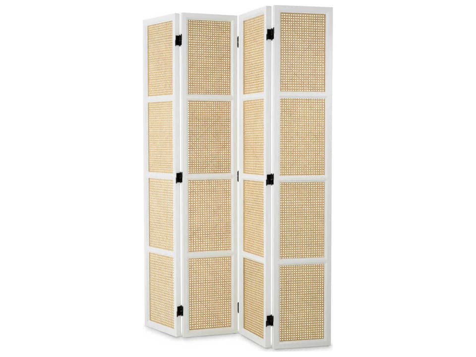 Bahamas Piano White Folding Screen with Natural Cane and Glass Panels