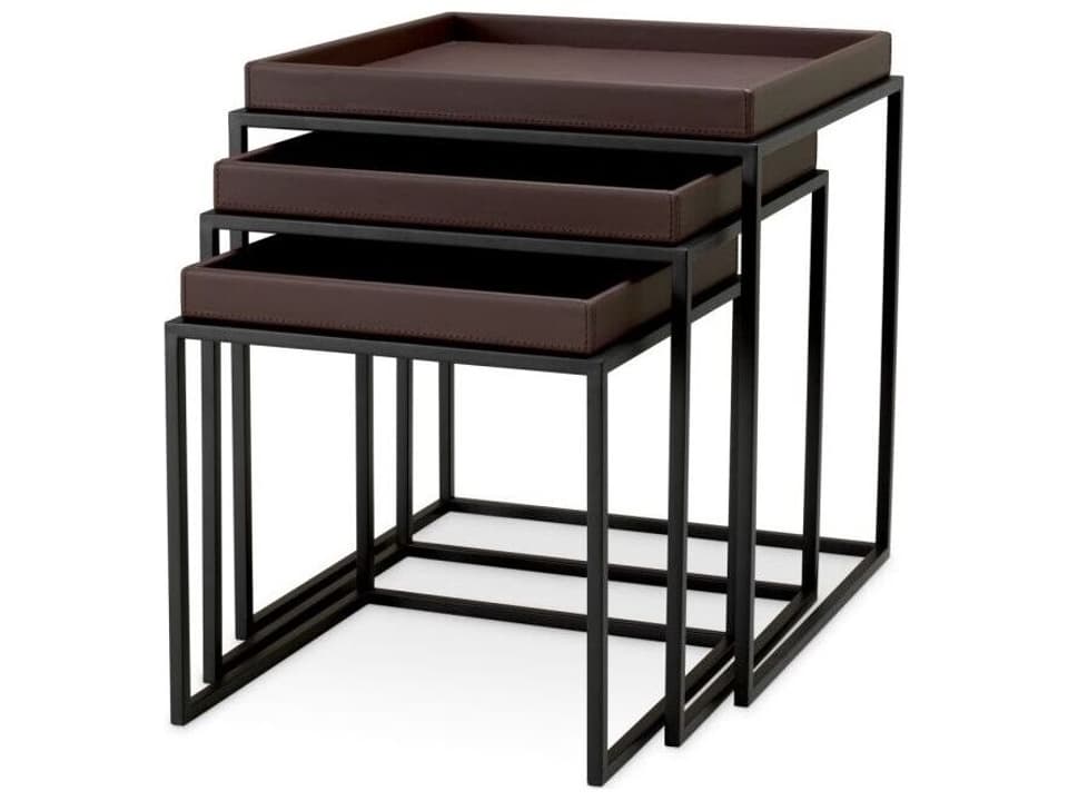 Ethnicraft Side Table Leonard Faux Leather Dark Brown Black Finish Set Of 3
