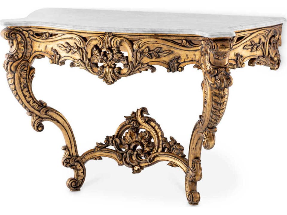 Rococo Rectangular Antique Gold White Marble Console Table