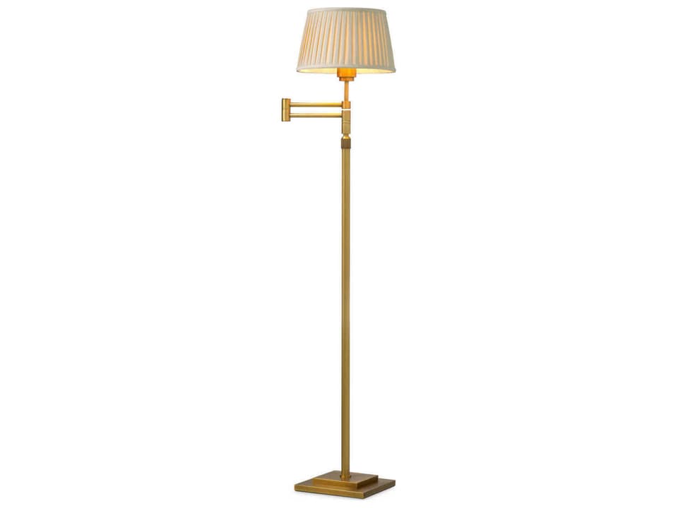 Corbin Adjustable Floor Lamp With Brushed Brass Stand and Beige Pleated Shade