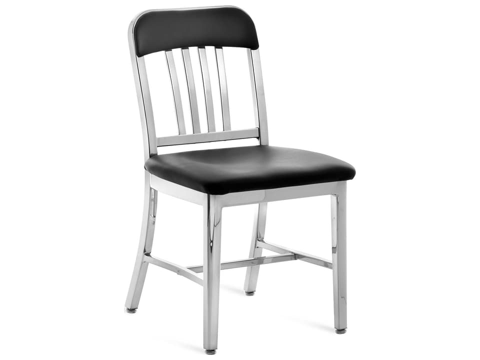 Emeco Navy Aluminum Dining Side Chair with Maharam Ledger Upholstered Seat