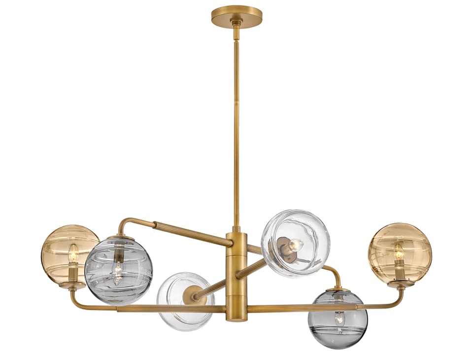 6-Light Oberon Chandelier Heritage Brass with Swirl Glass
