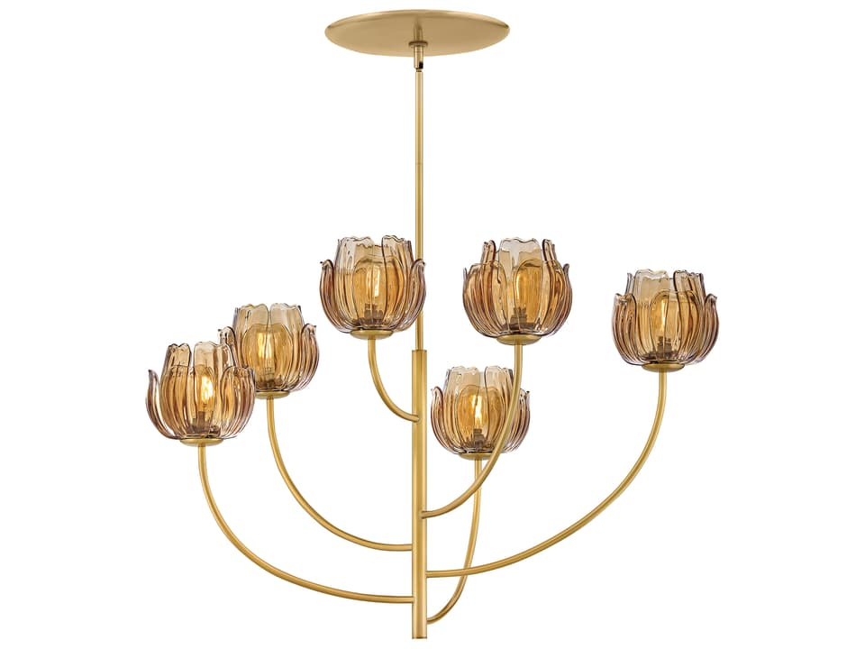 Fantine 6-Light Tiered Chandelier in Unlacquered Brass with Light Amber Glass