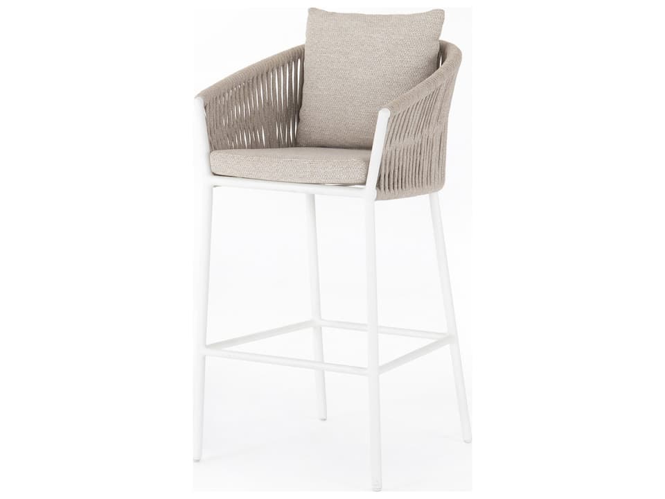 Solano White Aluminum Ivory Rope Resin Bar Stool with Faye Sand Cushion