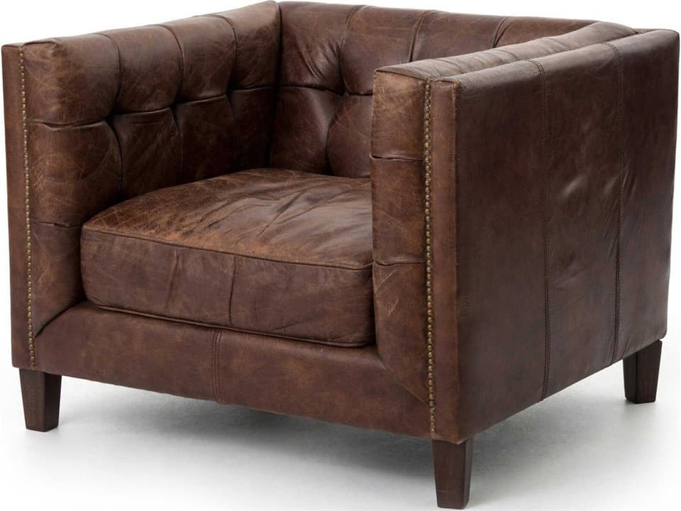 Carnegie Abbott Brown Leather Accent Chair with Tufting and Nailhead Trim
