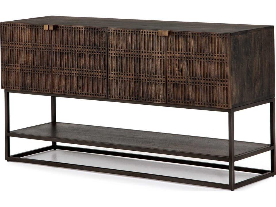 Kelby Small Media Console Carved Vintage Brown Mango Wood with Gunmetal Iron Base