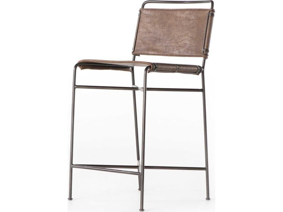 Wharton Upholstered Counter Stool in Distressed Brown and Waxed Black