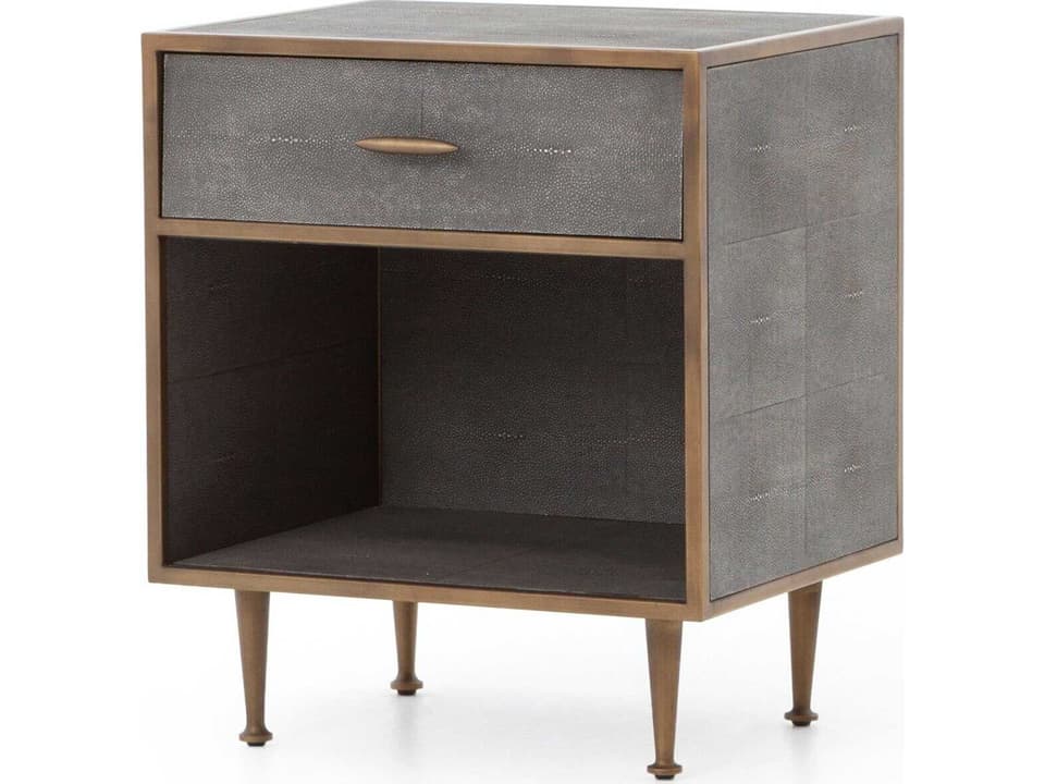 Bentley Shagreen 1-Drawer Gray Nightstand with Antique Brass Accents