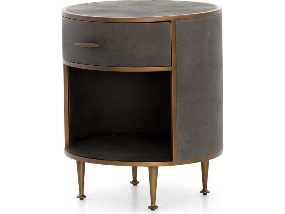 Bentley Faux Shagreen Round Nightstand in Grey and Antique Brass