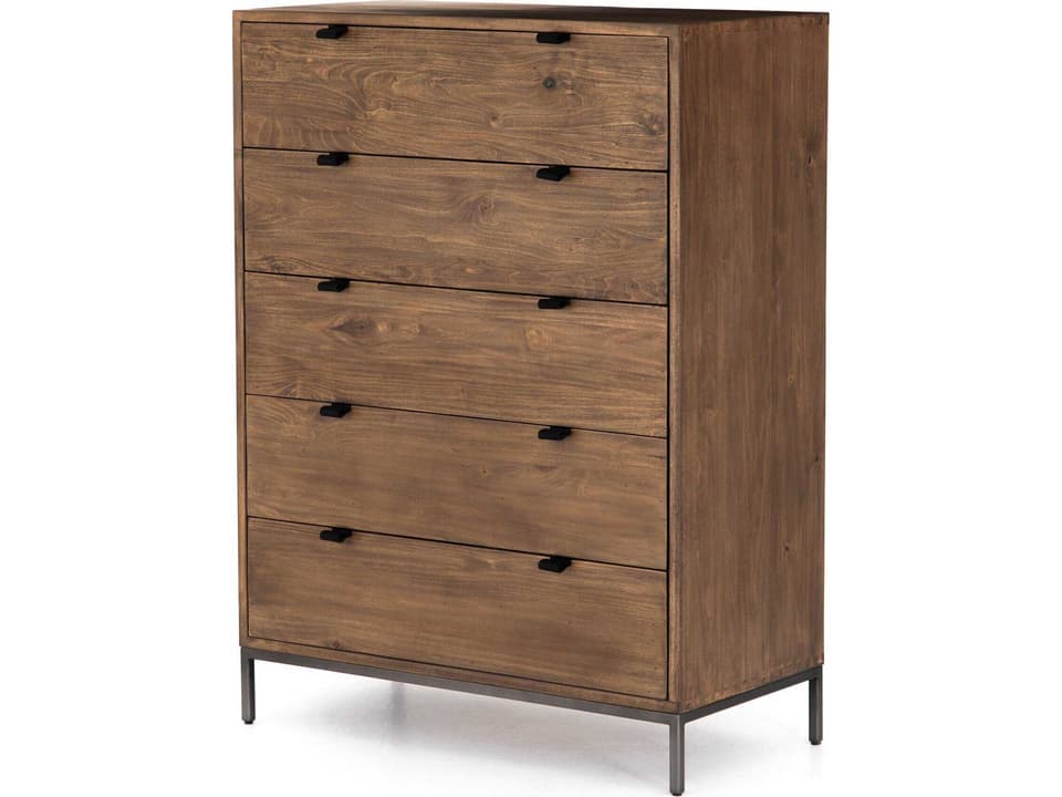Fulton Trey Auburn Poplar Wood 5 Drawer Dresser with Leather Pulls