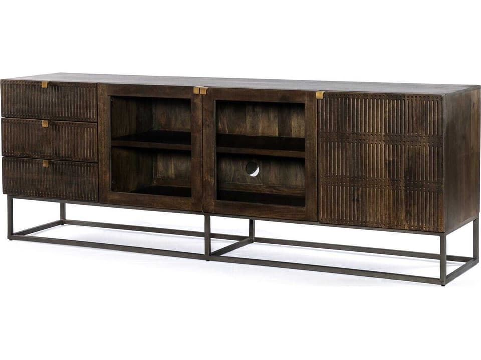 Aiden Kelby 79" Mango Wood Gunmetal Aged Brass Carved Vintage Brown Media Console