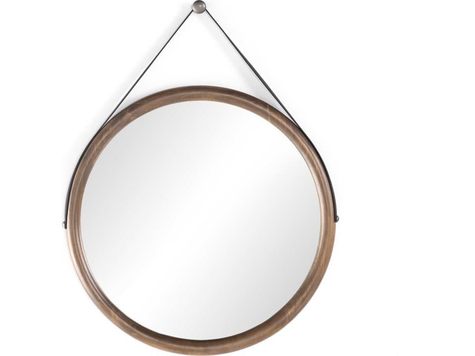 Fulton Des Mirror Round Auburn Poplar Black Leather and Natural Iron