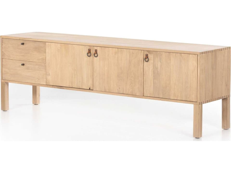 Fulton Isador 80" Poplar Wood Dry Wash Natural Iron Toffee Leather Media Console