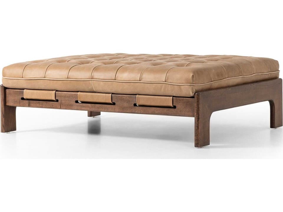 Halston Rectangle Cocktail Ottoman with Tufted Leather and Ash Base