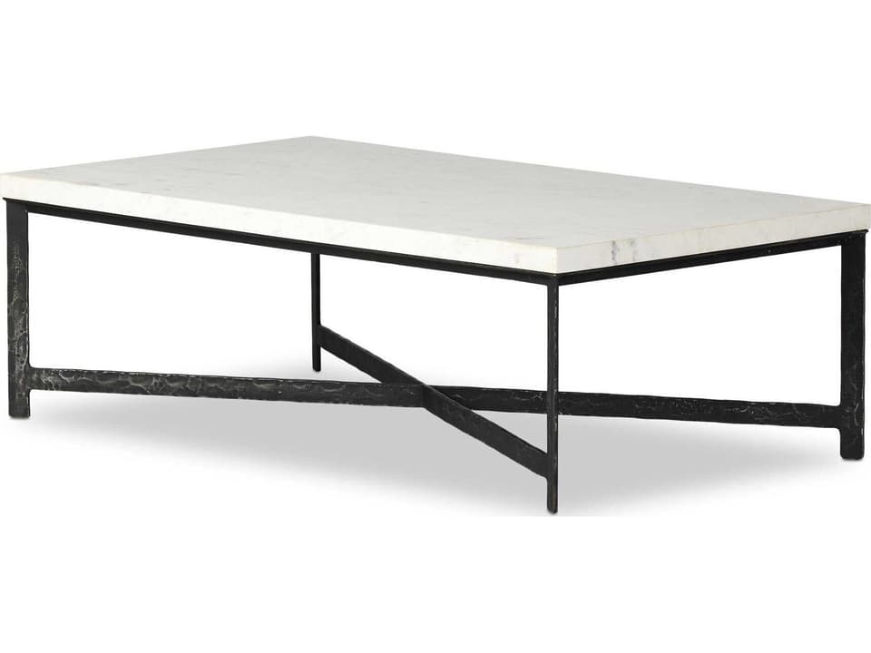 Element Rectangular White Marble Coffee Table with Hammered Black Iron Base