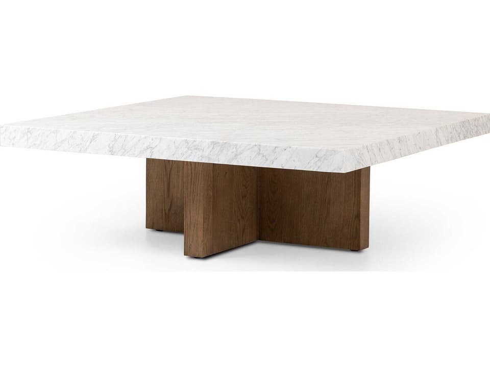 Hughes Square Coffee Table with White Carrara Marble and Smoked Oak Veneer