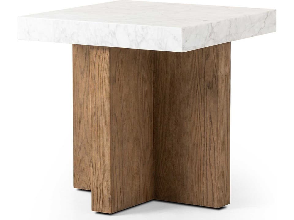 Hughes Square End Table with White Carrera Marble and Smoked Oak Veneer