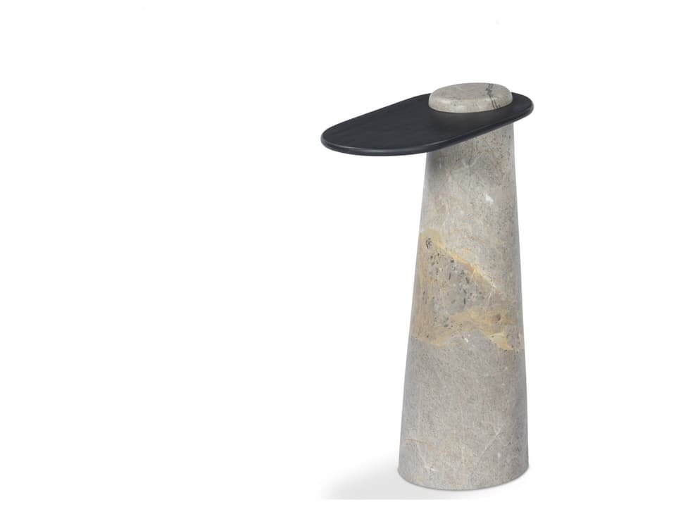 Raz Oval Metal End Table in Gunmetal and Grey Marble