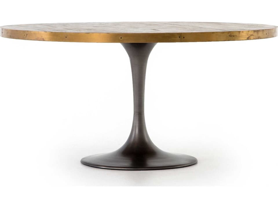 Hughes Evans Round Metal Vessel Grey Polished Brass Light Burnt Oak Dining Table