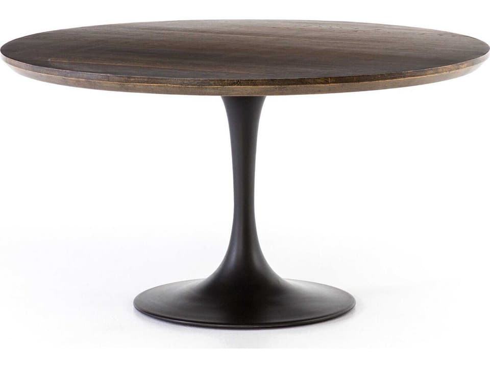 Hughes Powell 55-Inch Round Dining Table in English Brown Oak Veneer and Dark Rustic Black
