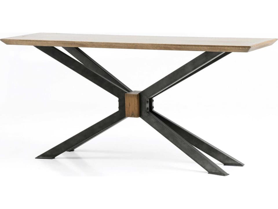 Hughes Spider Rectangular Console Table in Bright Brass Clad and Sandy Oak