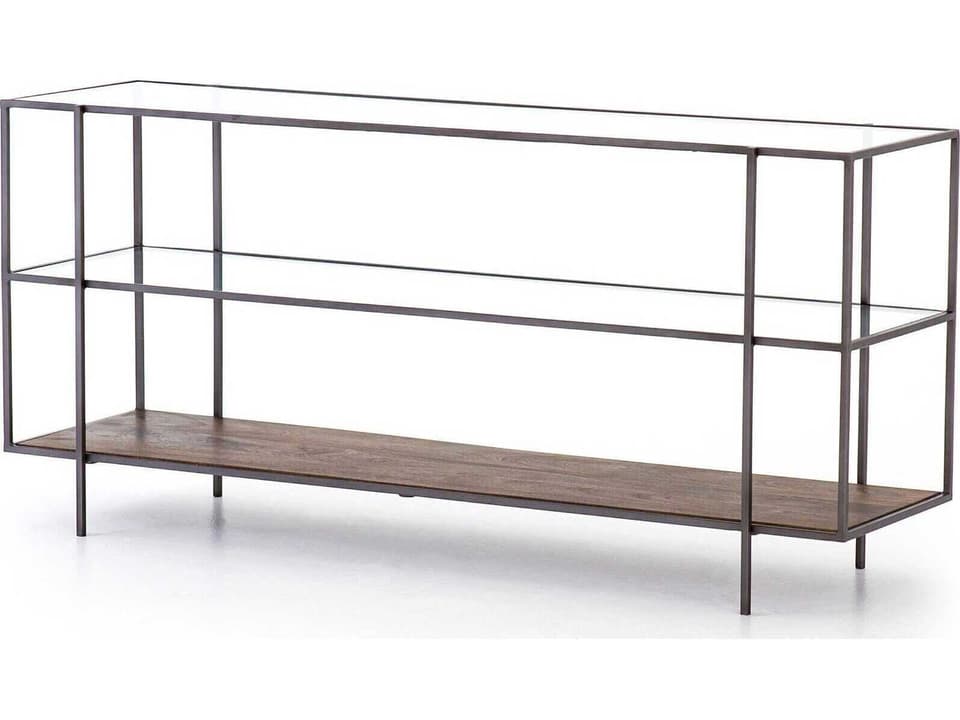 Harmon Byron Rectangular Aged Brown Dark Iron Tempered Glass Console Table