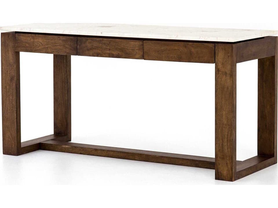 Everton Rectangular Bar and Counter Table in Light Tanner Brown Acacia and Polished White Marble