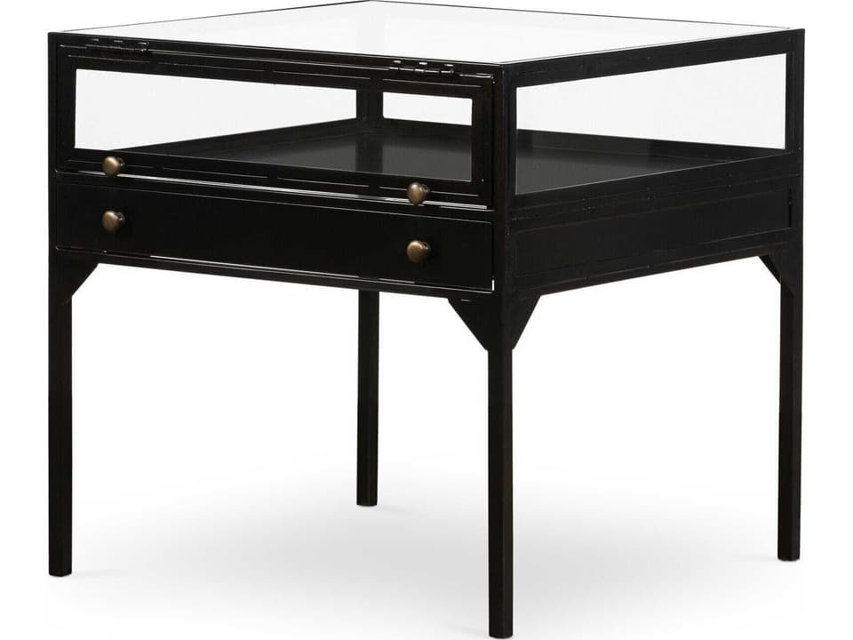 Belmont Square Shadow Box End Table in Black Metal and Tempered Glass