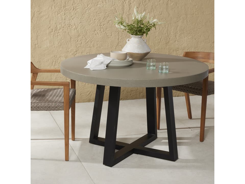 Constantine Cyrus 47-Inch Round Dining Table in Light Grey Poly-Resin and Matte Black Iron
