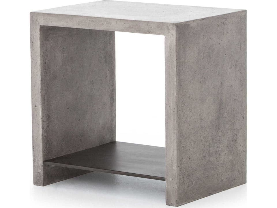 Everett Hugo Rectangular Concrete End Table in Dark Grey with Antique Black Metal Shelf