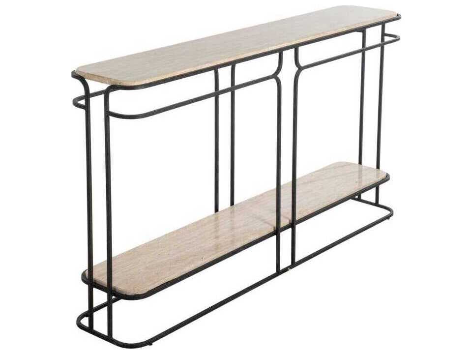 Louise Rectangular Limestone Console Table with Textured Matte Black Iron Base