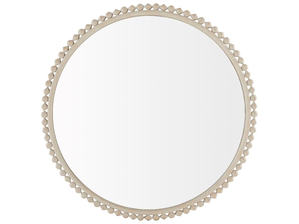 Belle Distressed White Round Wall Mirror with Orb and Diamond Frame