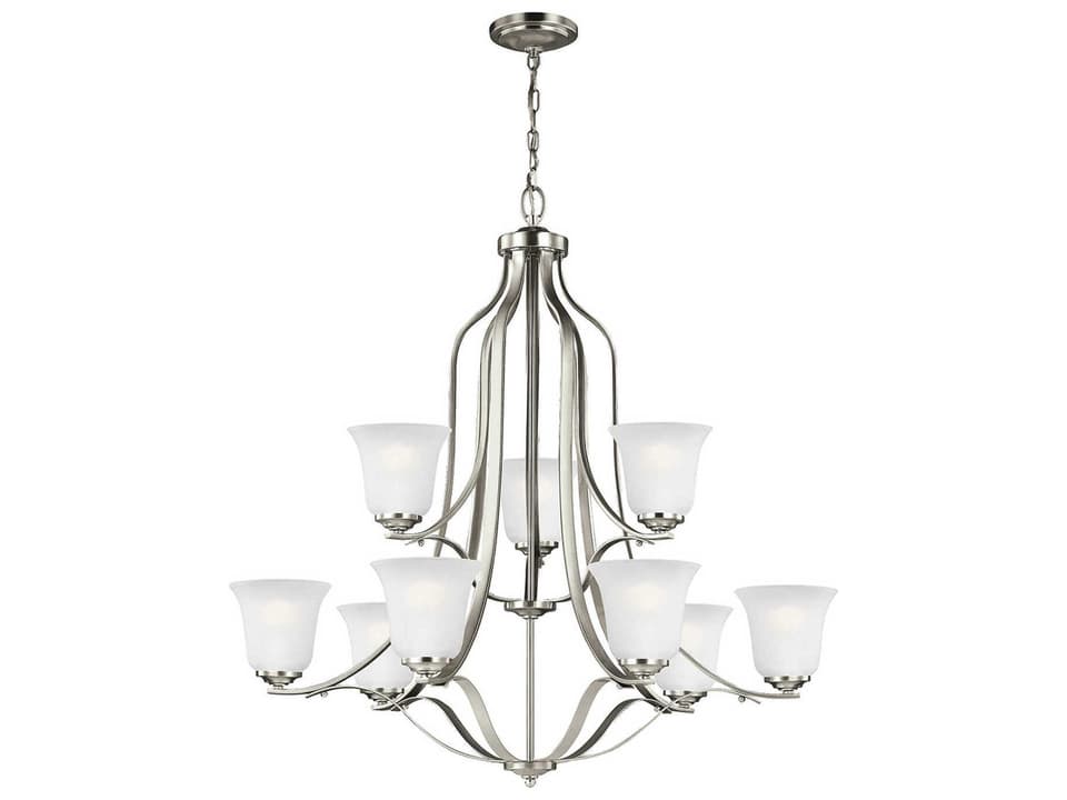 9-Light Emmons Chandelier in Brushed Nickel with Satin Etched Glass Shades