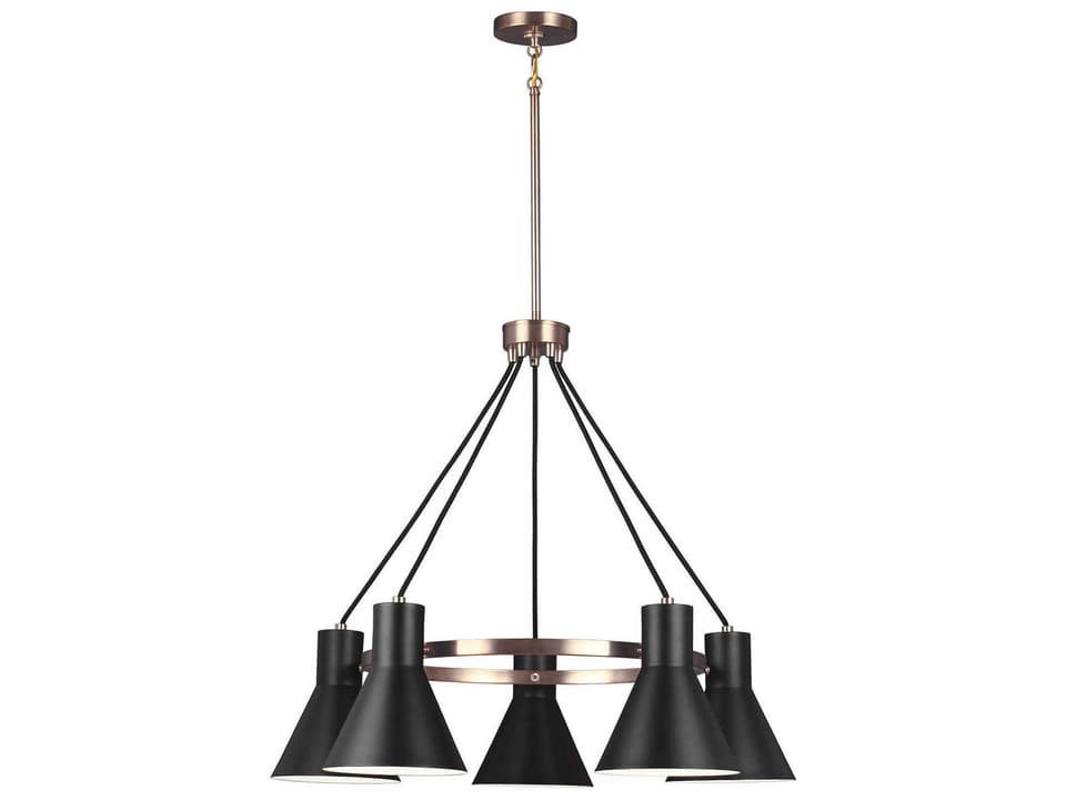 5-Light Towner Chandelier in Satin Brass with Black Steel Shades