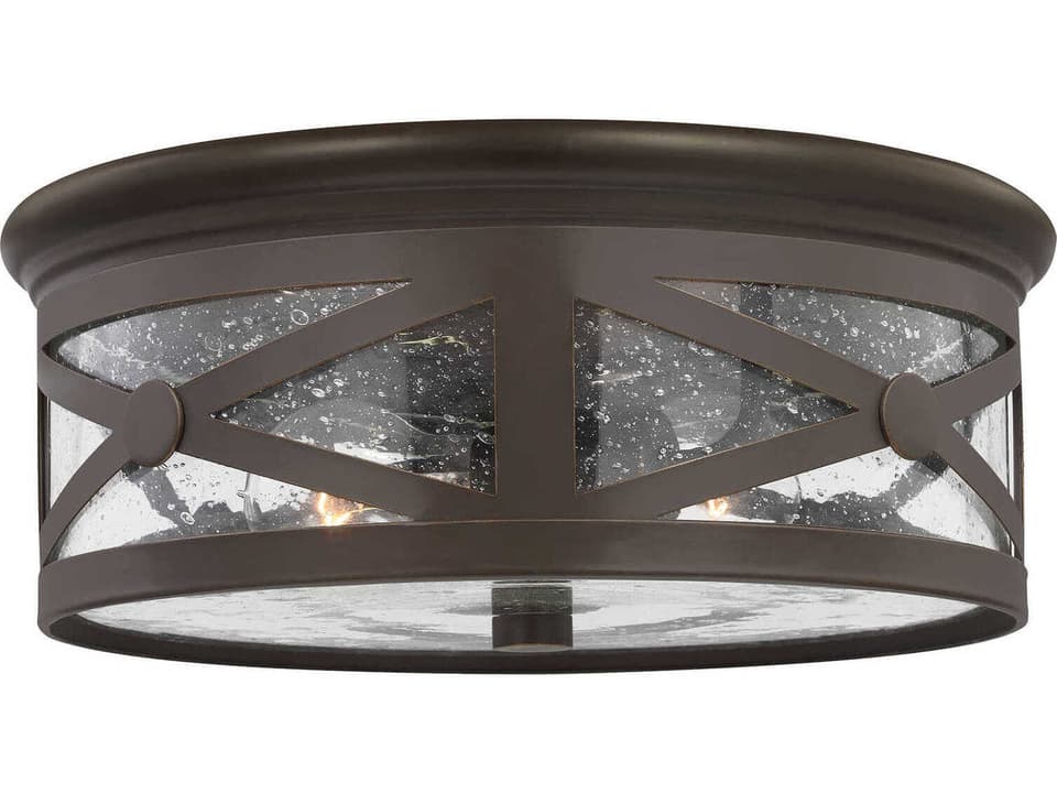Lakeview 2-Light Outdoor Flush Mount in Antique Bronze with Clear Seeded Glass