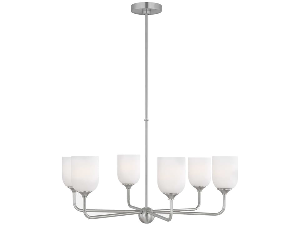 6-Light Emile Chandelier in Brushed Steel with Etched-White Glass