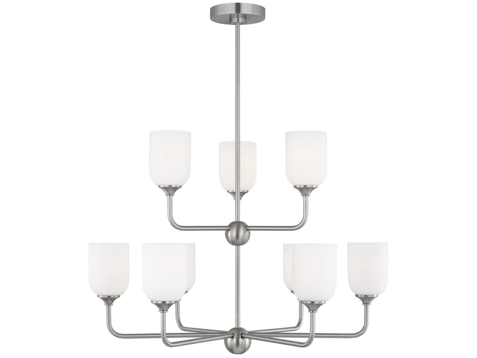 9-Light Emile Chandelier in Brushed Steel with Etched Glass