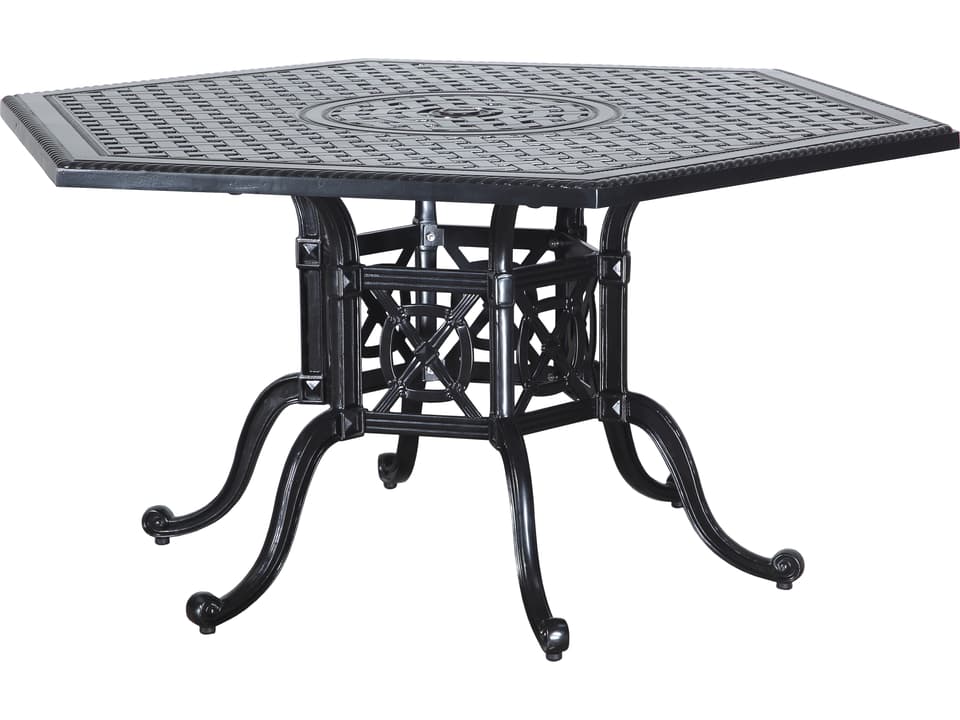Grand Terrace 62-Inch Hexagon Cast Aluminum Dining Table with Umbrella Hole