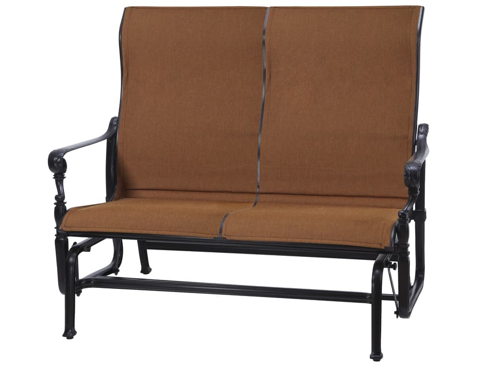 Grand Terrace Padded Sling Cast Aluminum High Back Loveseat Glider