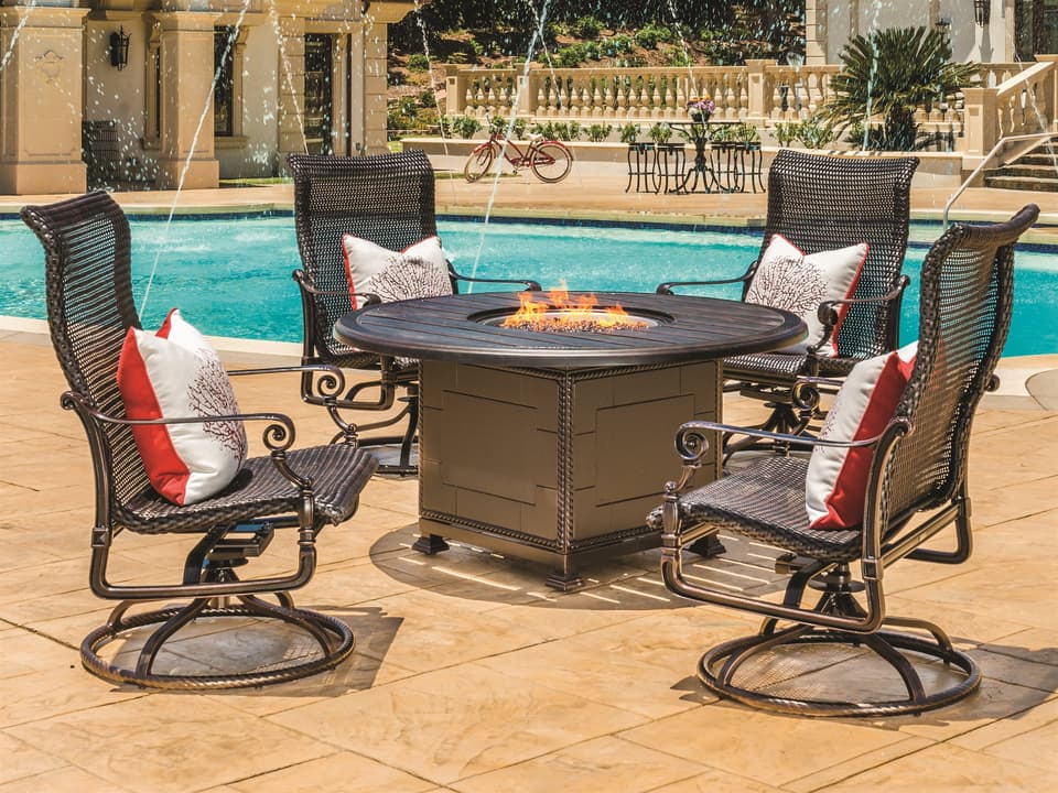Grand Terrace Woven Cast Aluminum Fire Pit Outdoor Patio Dining Set