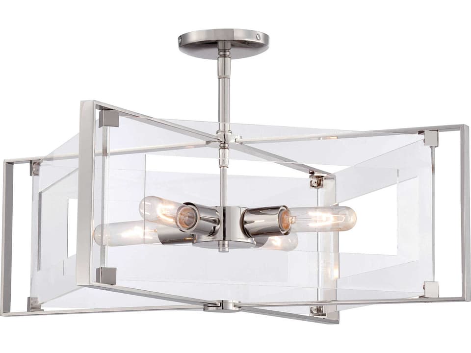 Crystal Clear 4-Light Polished Nickel Geometric Semi Flush Mount