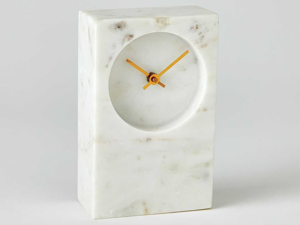 Marble Tower Clock in White with Brass Hands