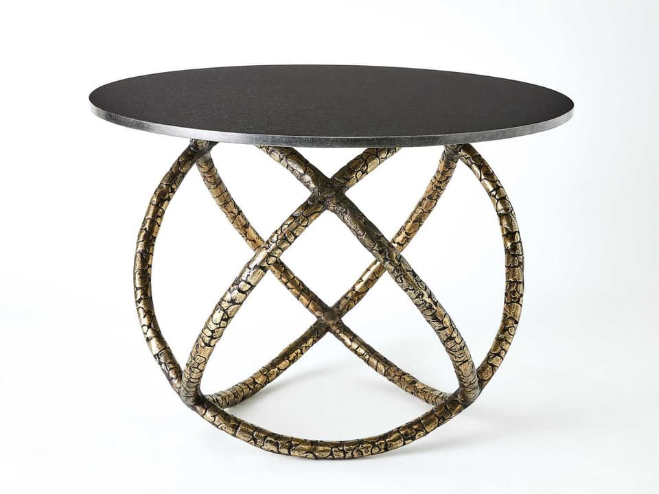 Astro Round End Table with Black Granite and Antique Brass