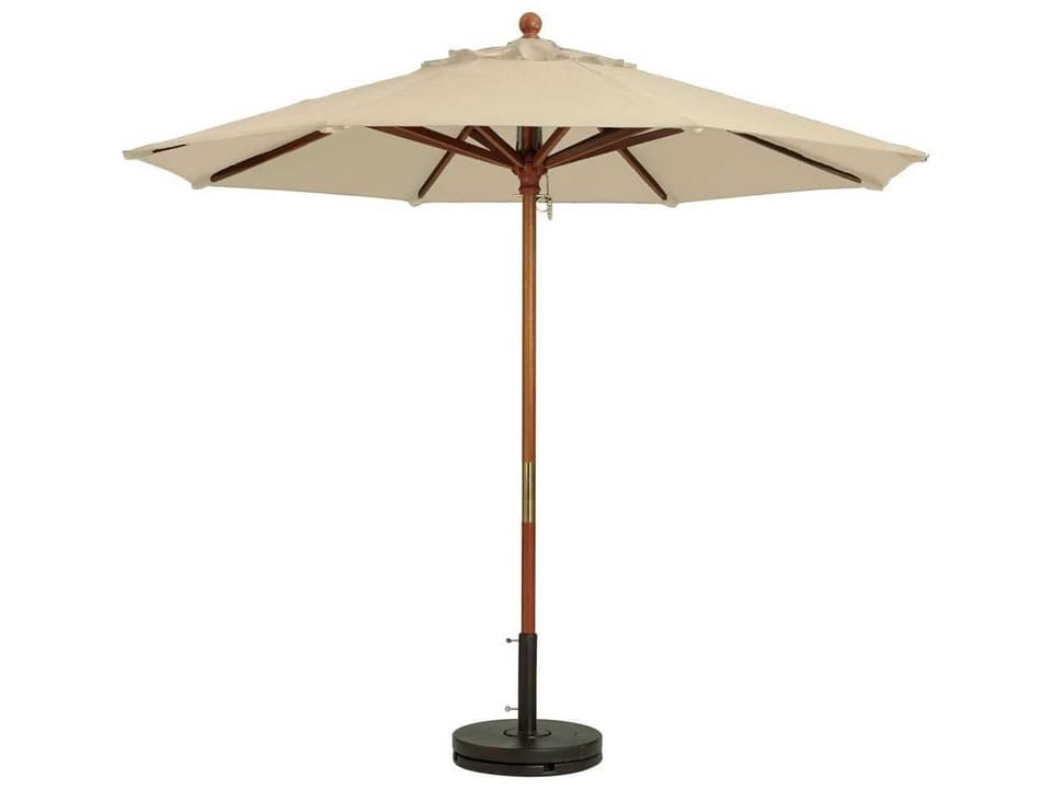Market Wood 7 Foot Round Patio Umbrella in Khaki with Pulley Lift