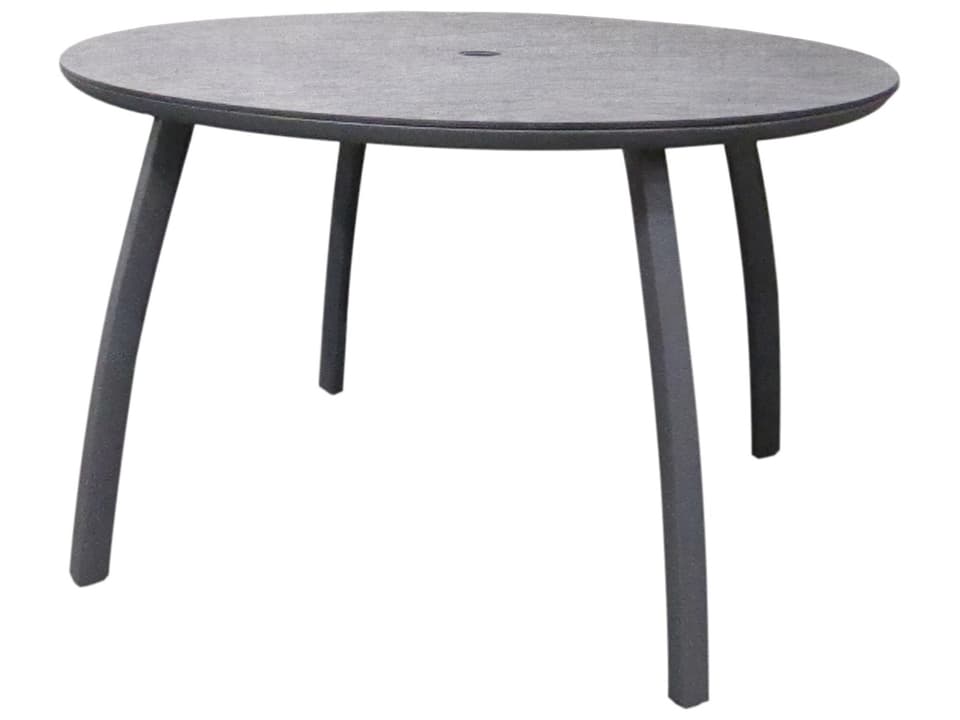 Sunset 48-Inch Round HPL Dining Table with Umbrella Hole in Volcanic Black